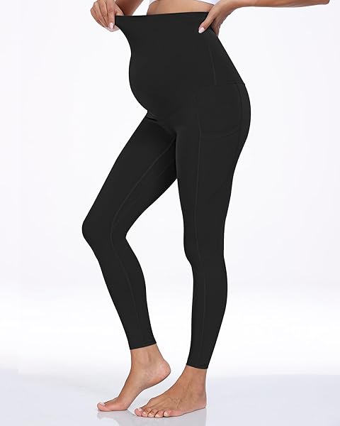 WHOUARE MATERNITY LEGGINGS OVER THE BELLY WITH POCKETS FOR WOMEN PREGNANCY HIGH WAISTED WORKOUT ACTIVEWEAR YOGA PANTS 2BLACK-XL