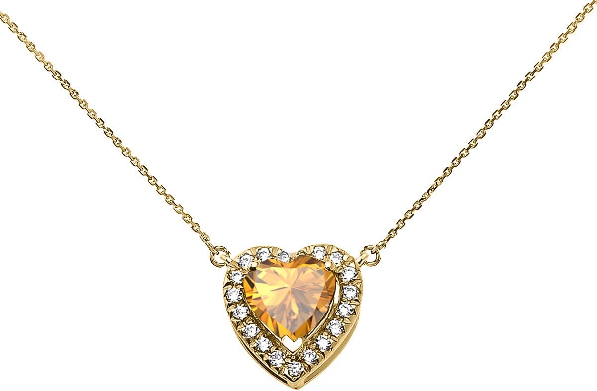 14k Yellow Gold Diamond and November Birthstone Citrine Heart Solitaire Necklace
