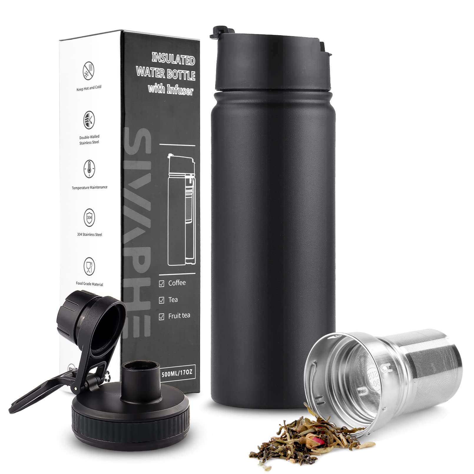 Sivaphe Insulated Water Bottle with Tea Infuser Filter and 2 Lids Drink Flask Stainless Steel for Camping Picnic Hiking Home 500ml Black