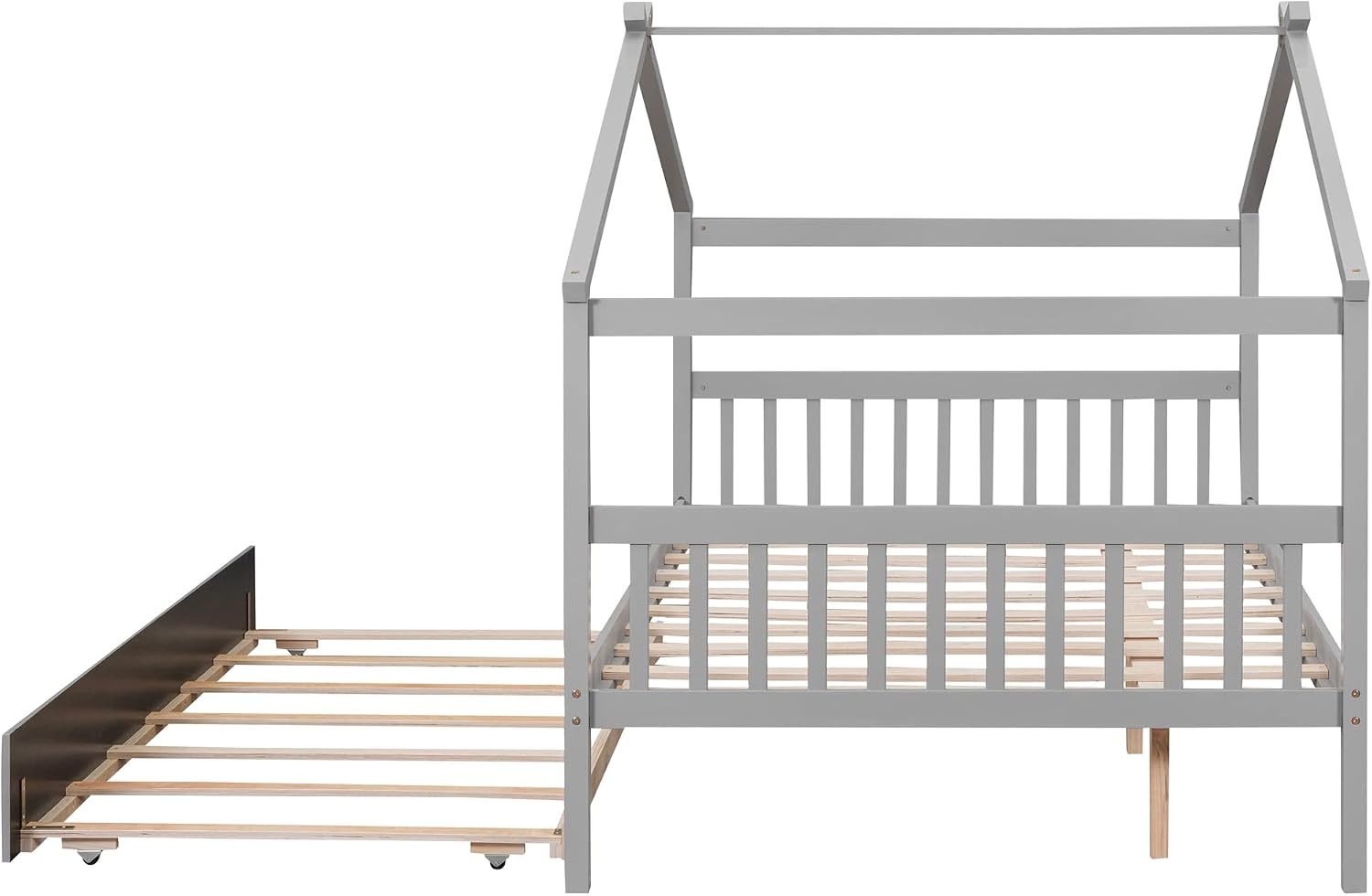 Image showing the BIADNBZ Full Size Wooden House Bed with the twin trundle fully extended from underneath the main bed frame.