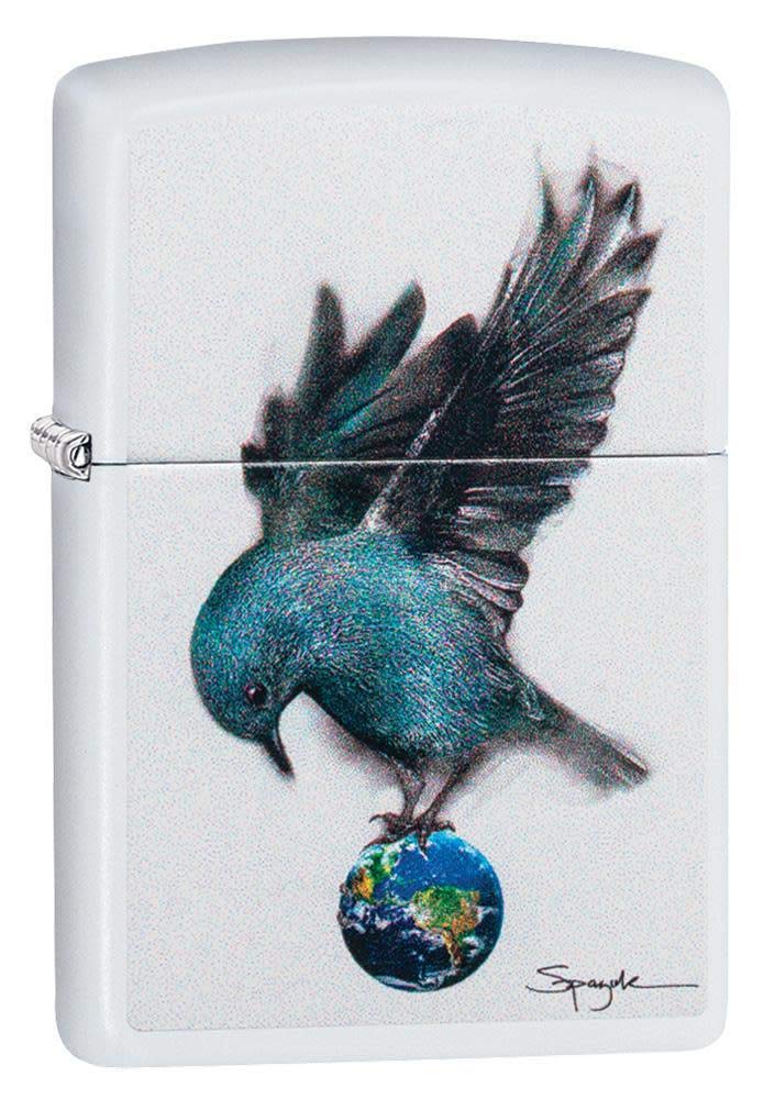 Zippo Spazuk Bluebird Perched on Earth Pocket Lighter, Matte White, One Size