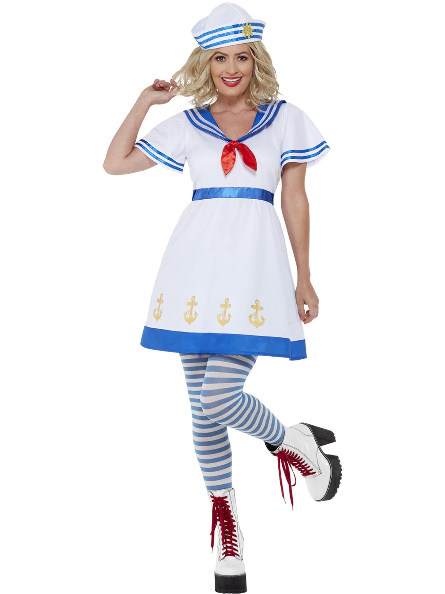 Smiffys High Seas Sailor Costume, White Dress & Hat, Icons & Idols Fancy Dress, Troops Dress Up Costumes