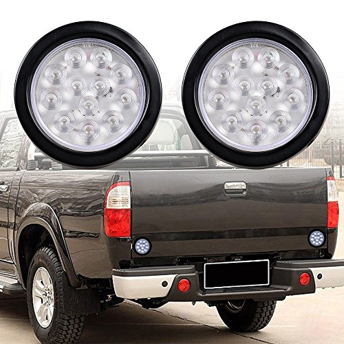 2x 4 inch Round 12-LED Tail Light Reverse Grommet Plug for Truck Trailer RV UTE UTV (Clear Lens - White Light)