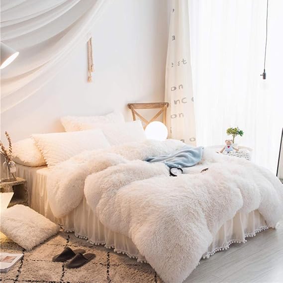 Shinon teddy fleece duvet set grey,Winter quilted plus velvet white bed skirt duvet cover single