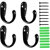 Kruodop 4 Pack Wall Hooks Wall Mounted Coat Hooks for Hanging Heavy Duty, Black Towel Hooks, Metal Single Coat Hanger with Screws Cup Retro for Coats, Handbags, Towels