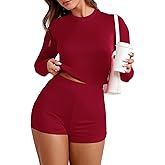 BARASA Womens Sexy Summer Two Piece Outfits Slim Fitted Long Sleeve Tops Casual Mini Shorts Set S90