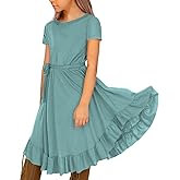 KYMIDY Girls Short Sleeve Swing Dress Kids Ruffle Loose Casual Twirl Belted Dresses with Pockets for Girls 6-12 Years