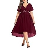 TALISEA Plus Size Dresses Wedding Guest - Formal Cocktail Chiffon Appliques V Neck Ruffle Short Sleeve High Low Dress Women