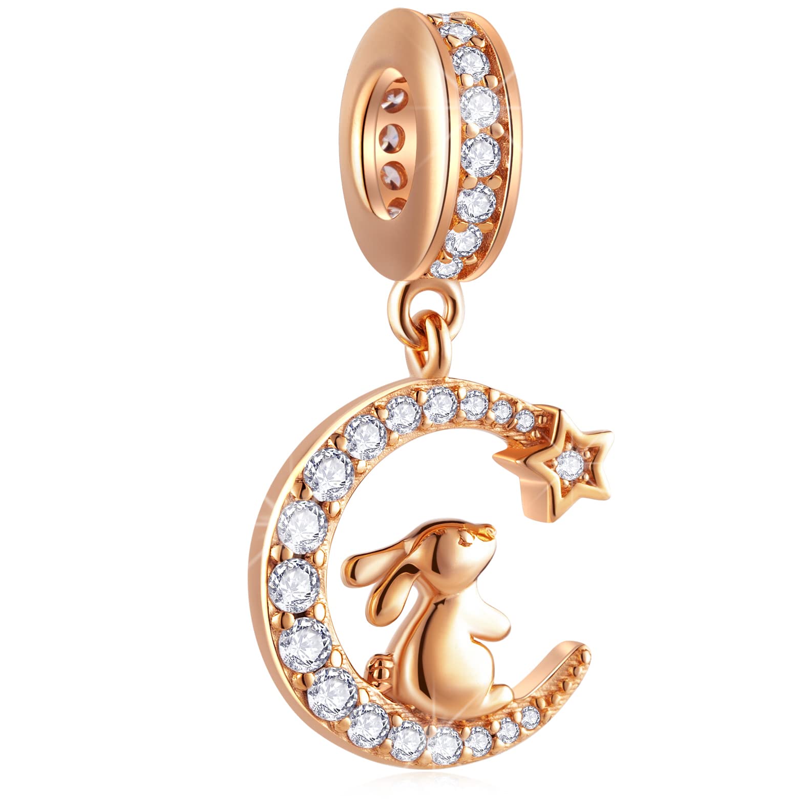 Rose Gold Rabbit on Crescent Moon Charms, Fit Pandora Easter Bracelet Animal Necklace, 925 Sterling Silver Bunny Pendant Beads with CZ, Gift for Valentines Day/Mothers Day