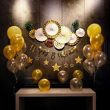 Amazon Com 35 Pack Gold Happy Birthday Banner Backdrop Balloons