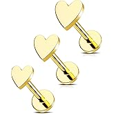 MS CUTE 3Pcs Heart Shaped Nose Studs 16G/18G/20G 316L Stainless Steel Threadless Stud Earrings Flat Back Gold Nose Monroe Helix Cartilage Tragus Piercing Jewelry