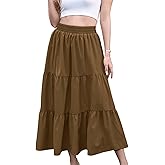 HUSKARY Women Summer Midi Skirt Casual Elastic High Waist Pleated A-Line Flowy Swing Tiered Beach Vacation Skirts