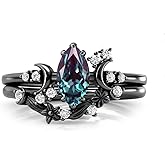 LELOUCHY 10K 14K 18K Black Gold Marquise Gemstone Engagement Ring Set for Women 925 Sterling Silver Gemstone Triple Moon Goddess Art Deco Bridal Wedding Ring Set (Size 4-15)