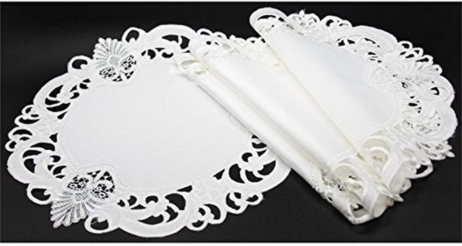 Xia Home Fashions Delicate Lace Embroidered Cutwork Placemats, 16-Inch Round,Set of 4, White