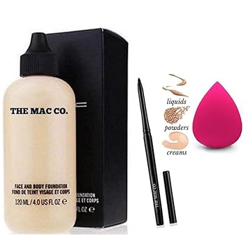 THE MAC CO.Combo Studio Face and Body Foundation with beauty blenders sponge and Eyeconic Kajal