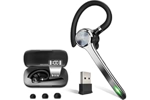 HEIBAS Bluetooth Headset, Wireless Bluetooth Earpiece with 500mAh Charging Case 72 Hours Talking Time Built-in Microphone for iOS Android Cell Phone, V5.1 Hand-Free Headphones with USB Dongle