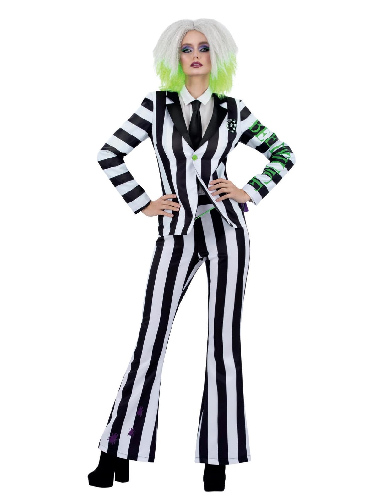 Smiffys Beetlejuice Women's Adult Costume with Jacket Trousers and Tie Black and White Stripes with Writing Down Sleeve Officially Licensed Warner Brothers Halloween Costume, Large