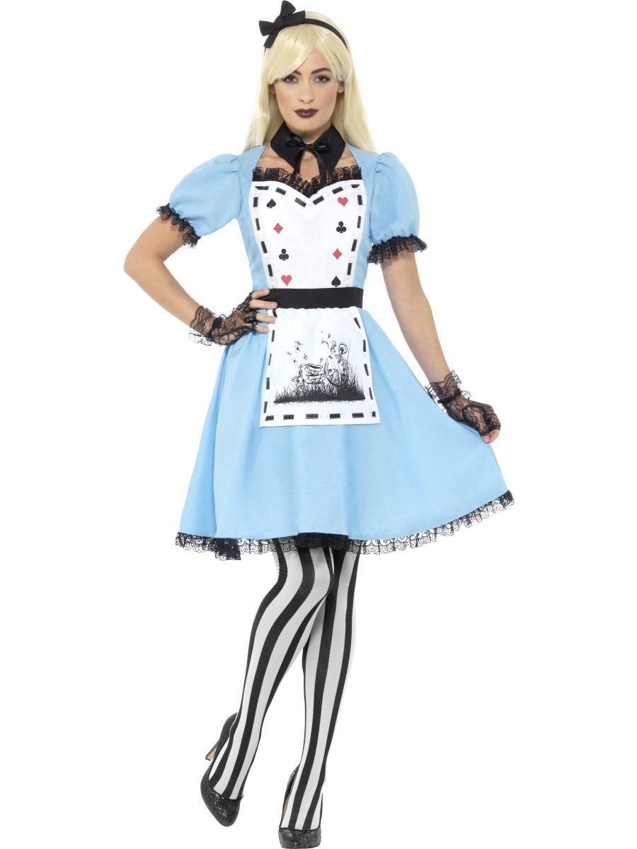 Smiffys Deluxe Dark Tea Party Costume, with Dress, Blue Attached Apron, Collar, Tights & Headband, Fairytale, Wings and Wands Fancy Fancy Dress, Adult Dress Up Costumes