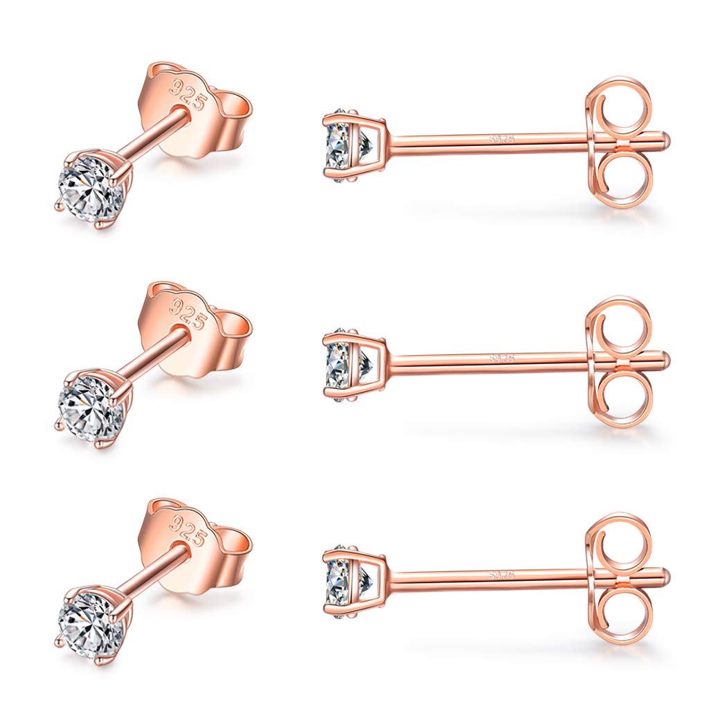 CERSLIMO Silver Stud Earrings for Women Men Girls, 3 Pairs Sterling Silver Tiny Cubic Zirconia Stud Earrings Small Dainty Cartilage Tragus Sleeper Earrings Set (3mm, Rose Gold)