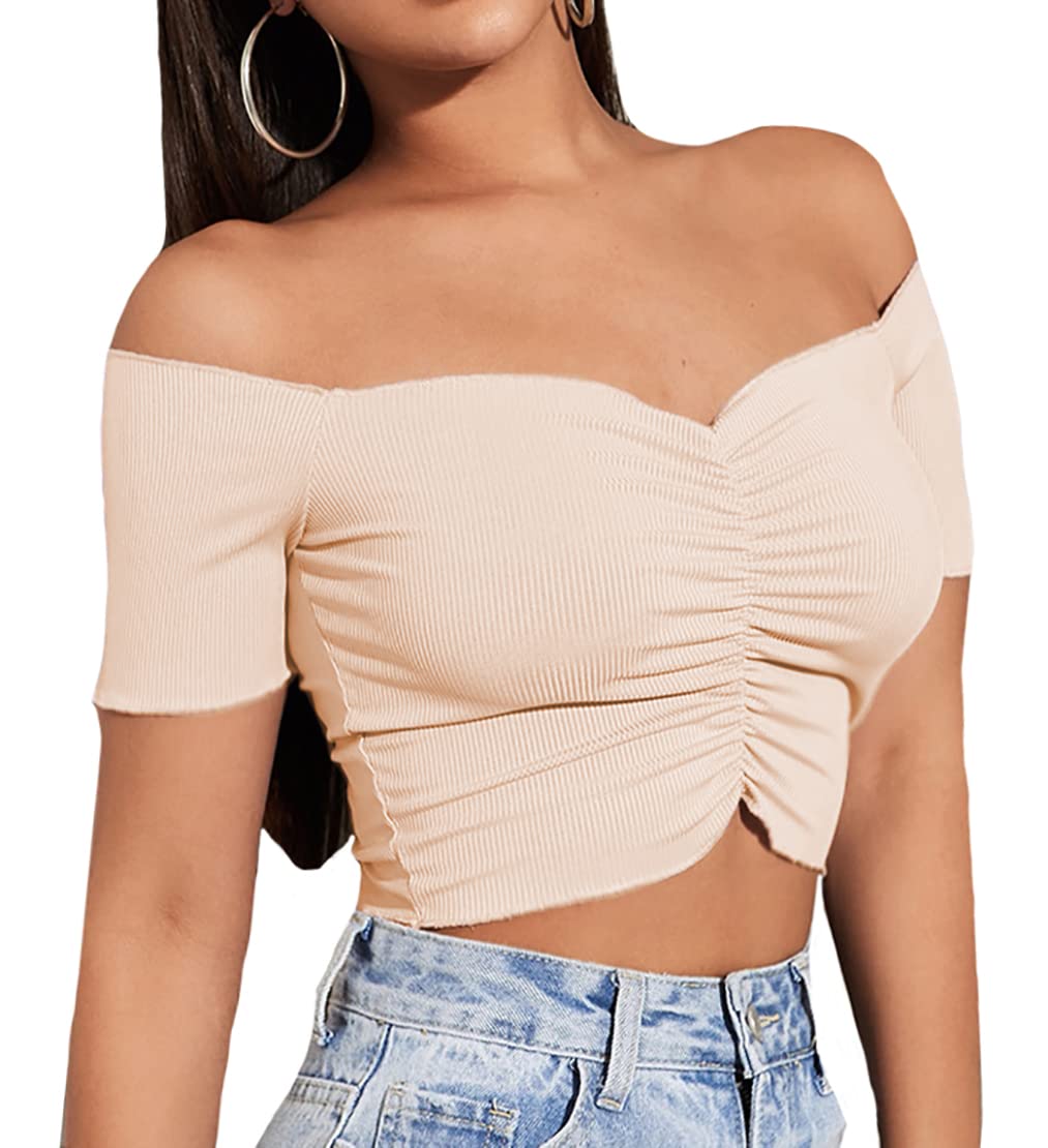 Photo 1 of LYANER Women's Off Shoulder Ruched Short Sleeve Rib Knit Sexy Crop Top Blouse Off White X-Large