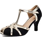 Elerhythm Women's Mary Jane Rockability Tear Cut Close Round Toe T Strap Vintage 1950s Heels Retro 1920s Victorian Pumps Shoes