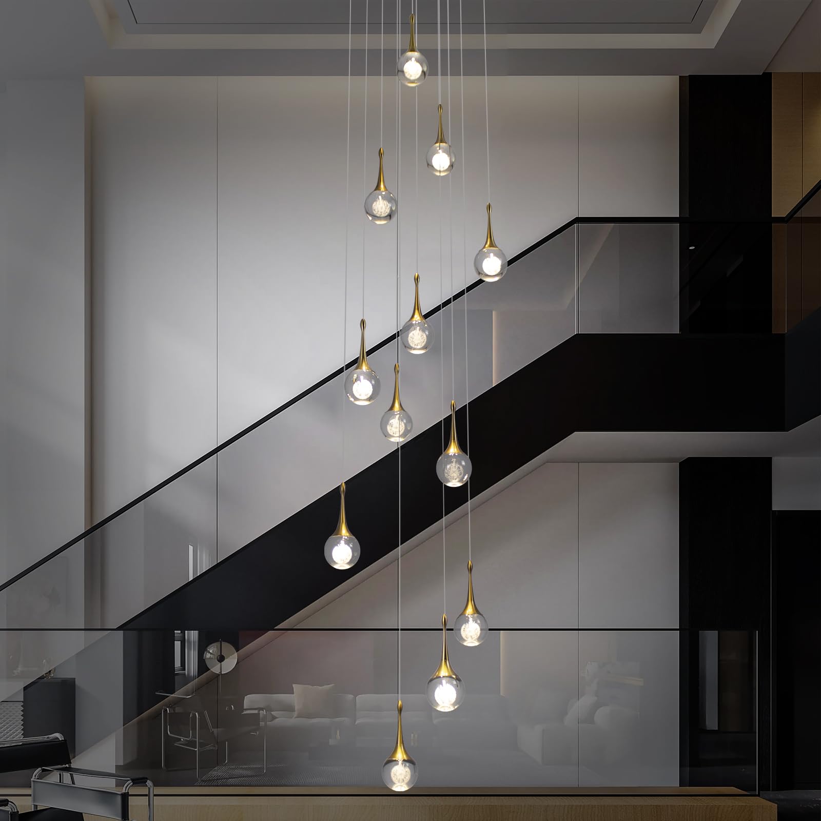 Photo 1 of ***ONE LIGHT IS NOT WORKING**GINSENGLUX LED Staircase Chandelier for High Ceiling, 12-Lights Gold LED Dimmable Remote, Modern Crystal Teardrop Long Hanging Pendant Light for Stairwell Living Room Entryway Stair Foyer, H118in