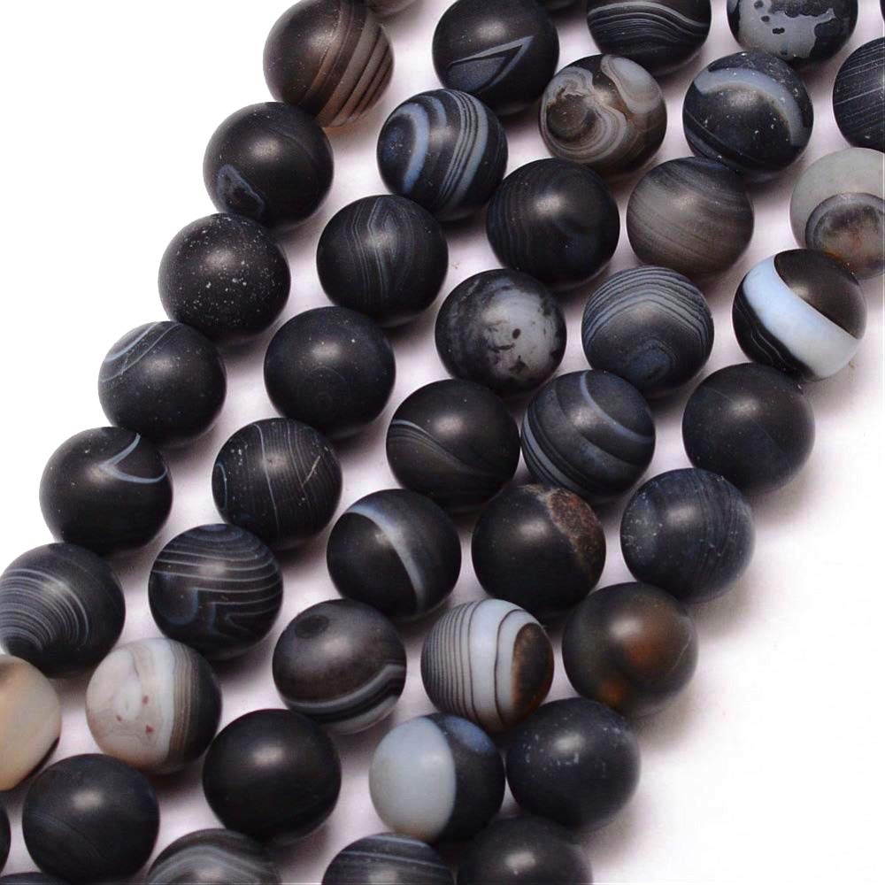 Perlin Natural Gemstone Stripes Lace Agate Beads, 8 mm, 15 Pieces, Black Matt, Ball Shape, Jewellery Beads, Craft Beads