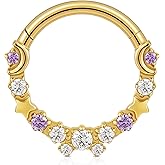 FINE4U Celestial Titanium Hoop Collection - 16G 8mm/6mm ASTM F136 Titanium Star & Moon Daith, Cartilage, Septum Piercing Jewelry - Seamless Hinged Clicker Hoops