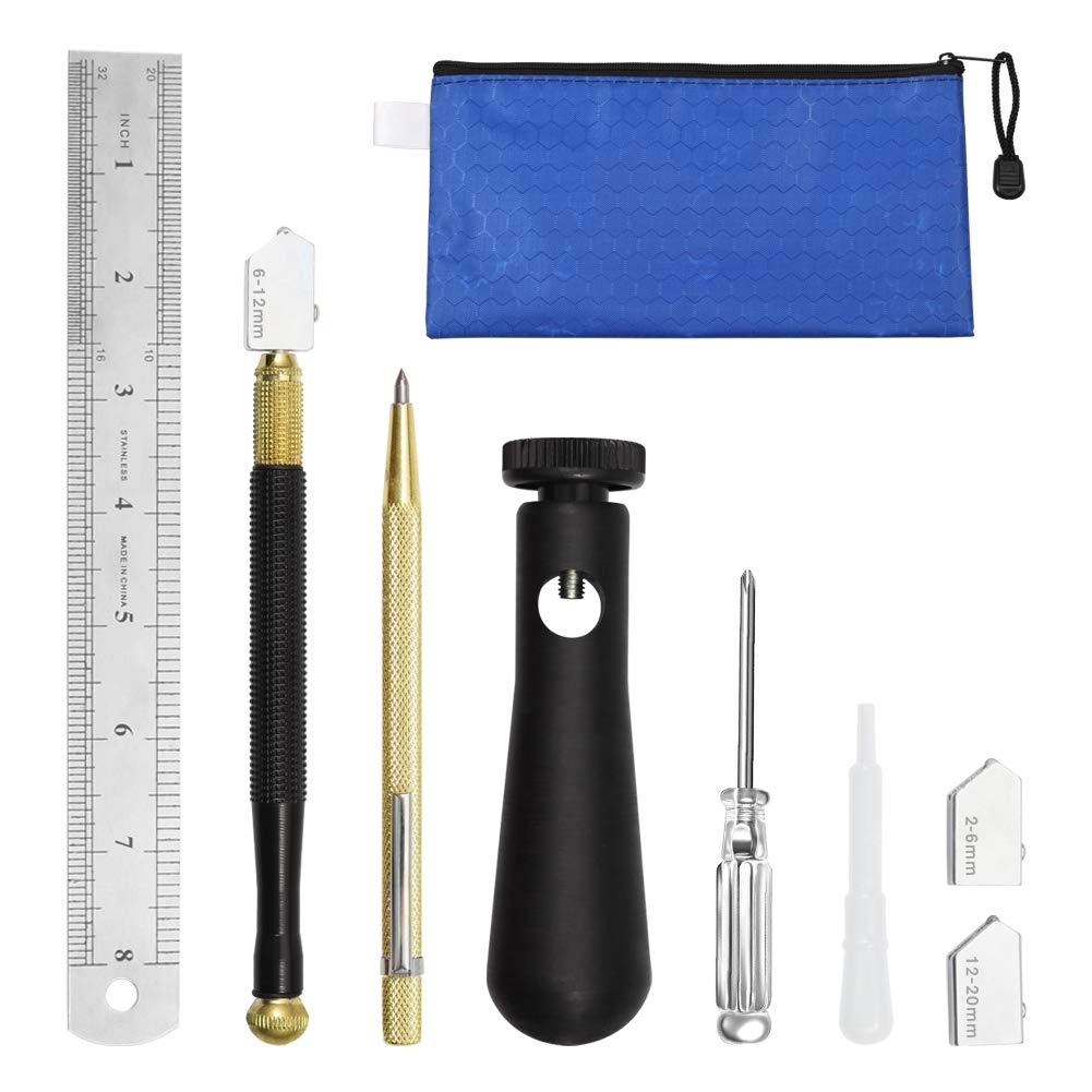 SPEEDWOX Glass Cutting Tool Kit 2mm-20mm Pencil Style Oil Feed Glass Cutter with 2 Replaceable Blades Ergonomic Assist Handle Tungsten Scribe Engraving Pen Oil Dropper Screwdrive Steel Ruler