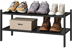kiplant 2-Tier Black Bamboo Shoe Rack, Stackable Bamboo Wood Shoe Rack for Closet, Entryway & Hallway