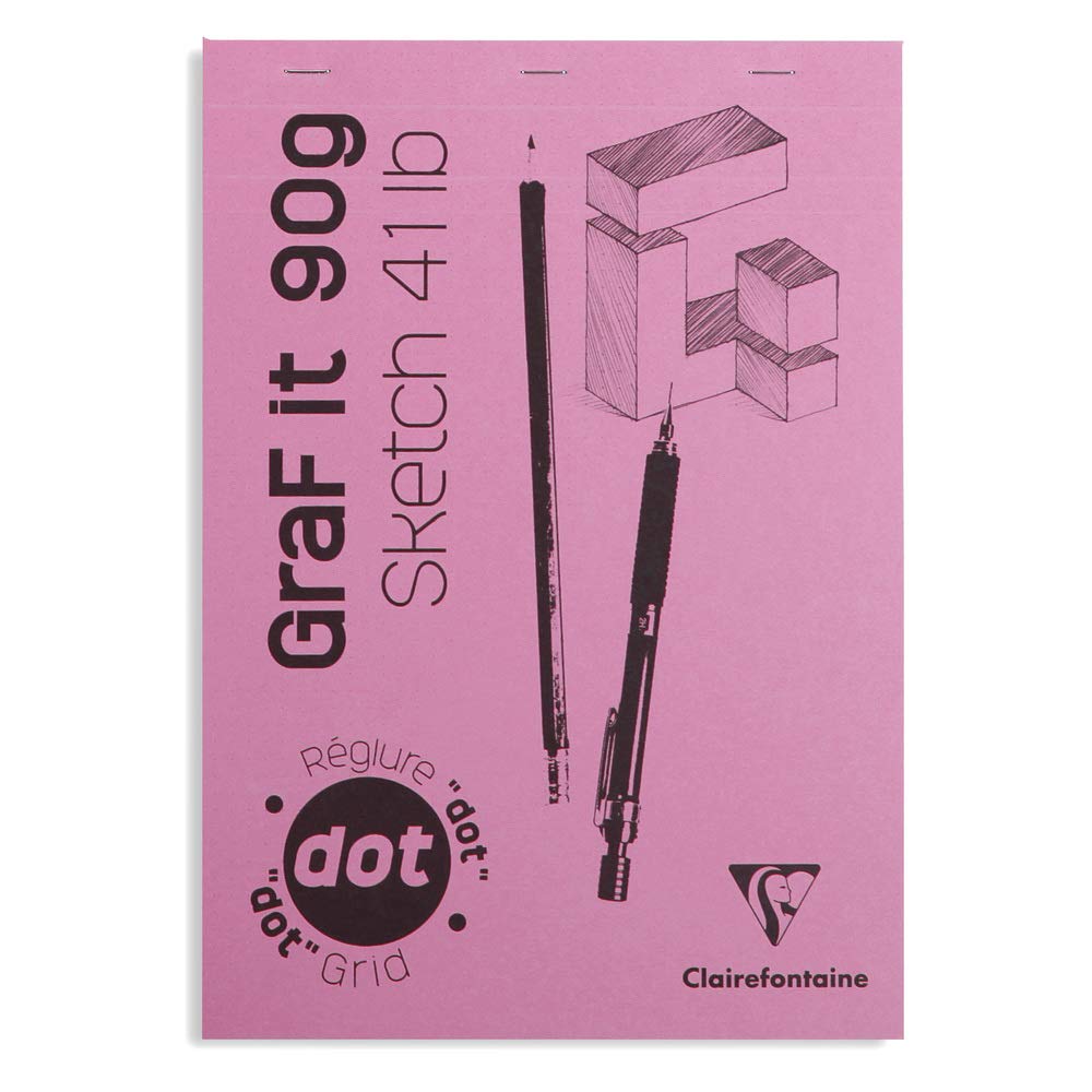 Clairefontaine - Ref 96692C - Graf It White Glued Dot Grid Sketch Pad (80 Sheets) - A4 Size, 90gsm Drawing Paper, Pink Cover, Microperforated Sheets, Top Glued
