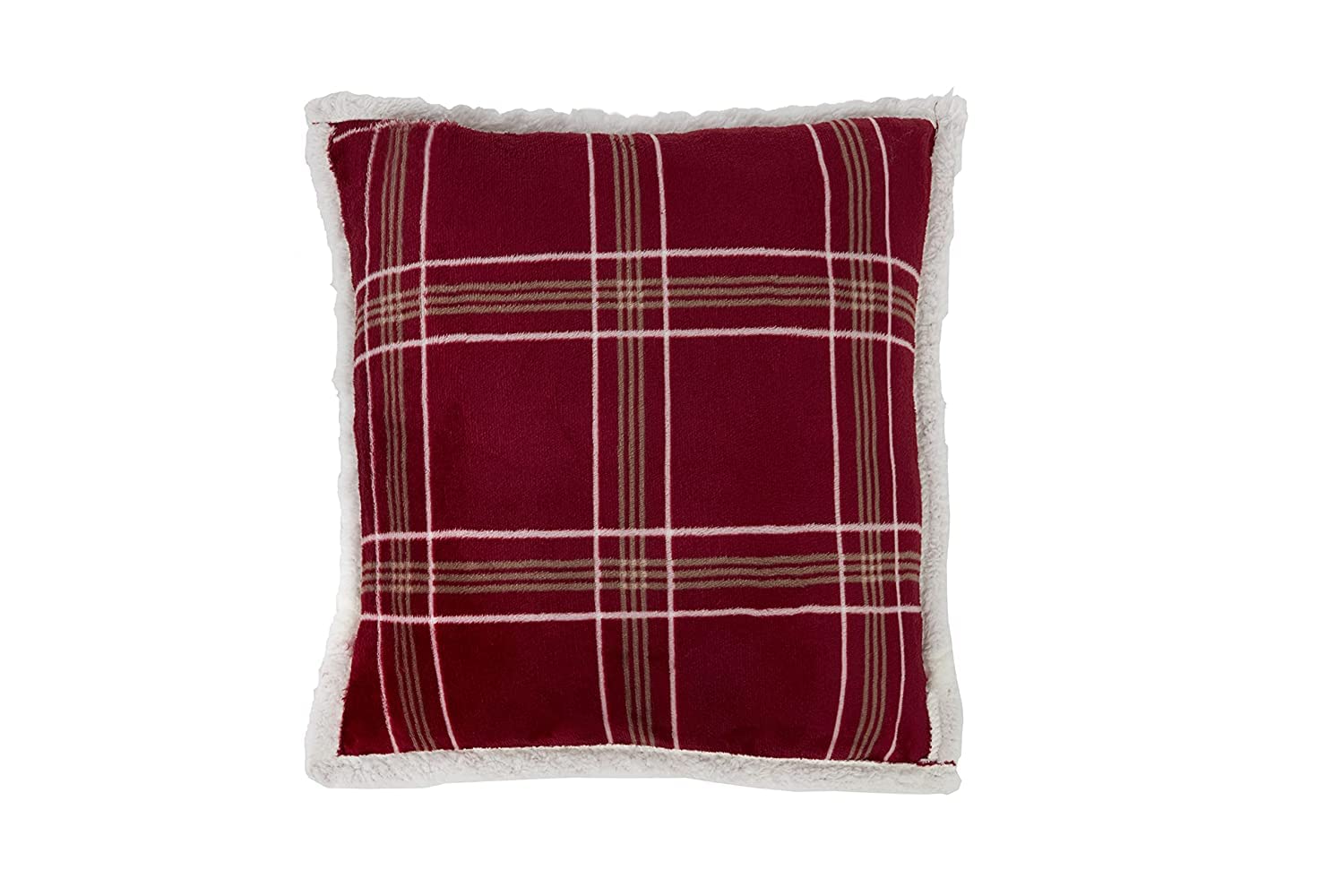 Sleepdown Luxury Check Printed Flannel Fleece Red Filled Cushion Bedroom Livingroom Accessory With Sherpa Reverse - 45cm x 45cm, 5056242828969