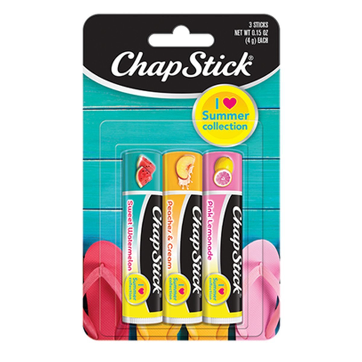 ChapStick I Love Summer Collection Season Flavored Lip Balm Tube, 0.15 Ounce, Sweet Watermelon, Peaches & Cream, Pink Lemonade Flavors, 3 Count