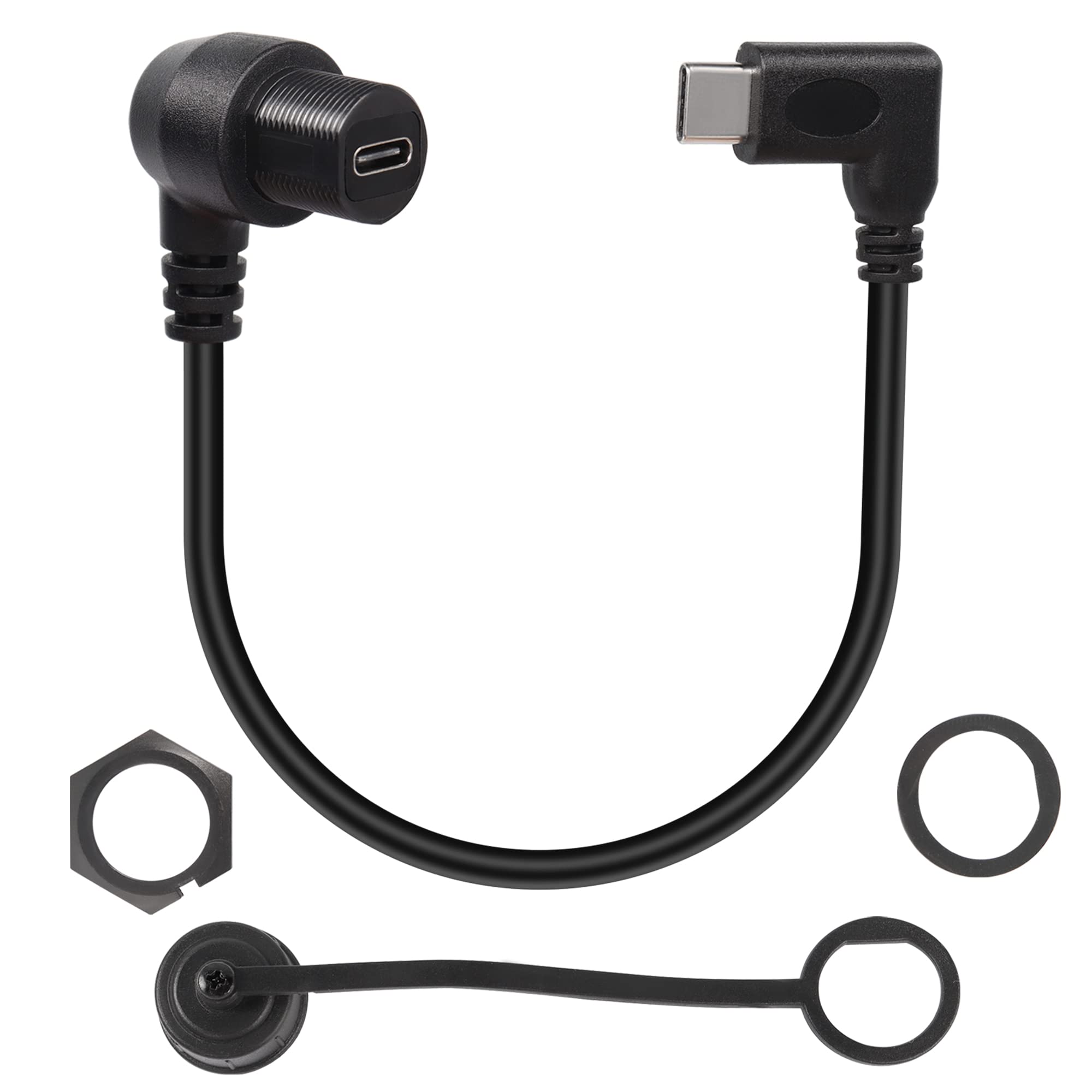 QIANRENON 90 Degree Angle USB C 3.1 Panel Flush Waterproof Cable 10Gbps Type C 3.1 Male to Right Angle Female Extension Cable, Threaded to Dashboard or Panel, 30cm/11.8in(left Bend Male)