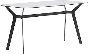 Studio Designs Home Archtech 60" W x 32" D Mid-Century Modern Dining, Desk, Metal and 8mm Thick Glass Table in Pewter Gray