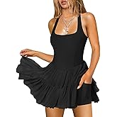 Hragc Women's Tennis Flowy Pleated Ruffle Athletic Dress for Women Halter Neck Sleeveless Mini Golf Dress with Shorts Pocket