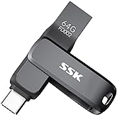 SSK USB 3.2 Flash Drive 64GB,Up to 200 MB/S Read Speed USB C Memory Stick,Dual USB C Thumb Drive with USB Type-C and USB A,Robust Black Metal Pen Drive for Smartphones,Tablets,Mac,Laptop,Car,TV