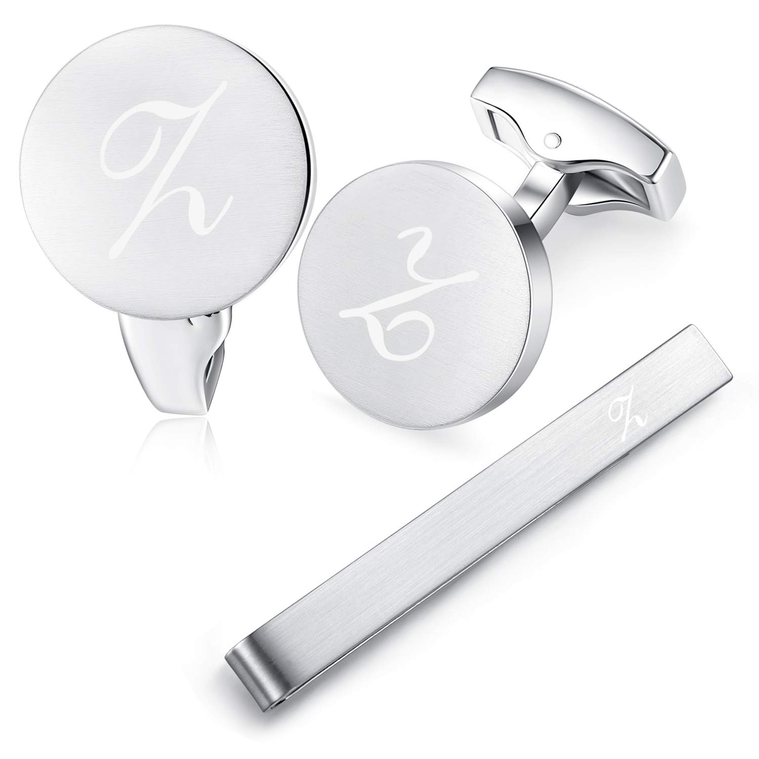 HONEY BEAR Initial Alphabet Letter Cufflinks Tie Clip Set for Mens - Round Stainless Steel, for Business Wedding Gift,Brushed Silver (Z)