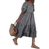 chouyatou Women's Retro Lantern Puff Sleeve Plaid Dress Gingham Swing Tiered Midi Long Dress
