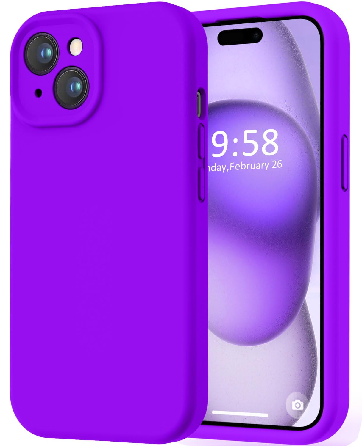 Photo 1 of LOVE 3000 Compatible with iPhone 15 Case, [Smooth Silicone Full Coverage Camera] [8ft Drop Protection], Soft Microfiber Lining Full Body Protective Case for iPhone 15 6.1 inch - Neon Purple