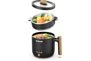 Audecook Hot Pot Electric with Steamer, 1.8L Portable Mini Travel Cooker, Multifunctional Non-Stick Electric Skillet for Stir Fry/Stew/Steam, Perfect for Ramen Noodles/Pasta/Egg/Soup/Oatmeal(Black)