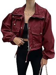 Tankaneo Womens Cropped Jacket Zip Up Lightweight