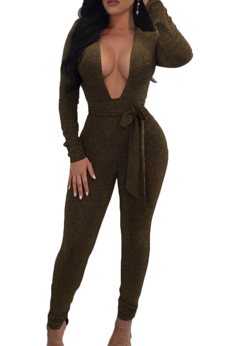 ioiom Women Glitter Deep V Neck Long Sleeve Bodycon Jumpsuit Belted Romper Pants