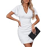 YIQ8 Women's Sexy V Neck Ruffle Sleeve Bodycon Mini Cocktail Party Dress Casual Short Sleeve Work Dress