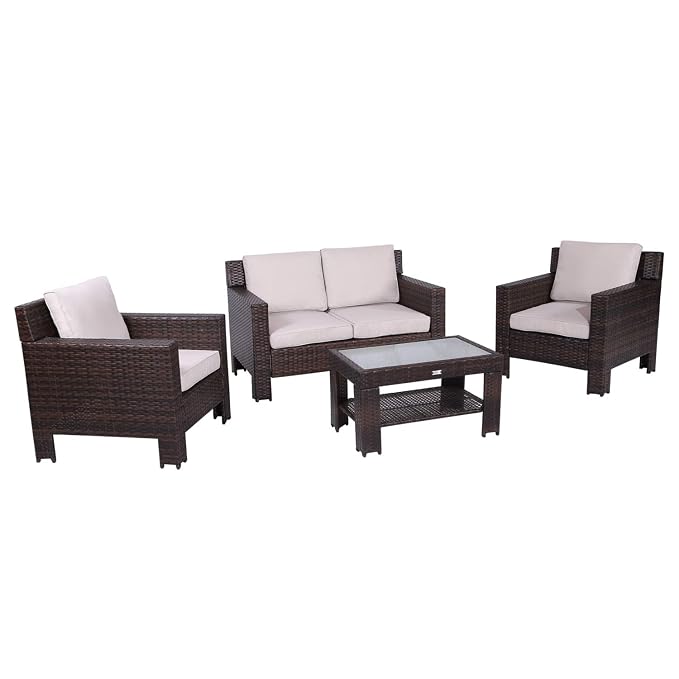 Backyard Diensday Outdoor Furniture 4 Piece Conversation Set All Weather Brown Wicker Deep Seating With Beige Water Resistant Olefin Cushions Sophisticated Glass Coffee Table Patio Porch Pool Talkingbread Co Il
