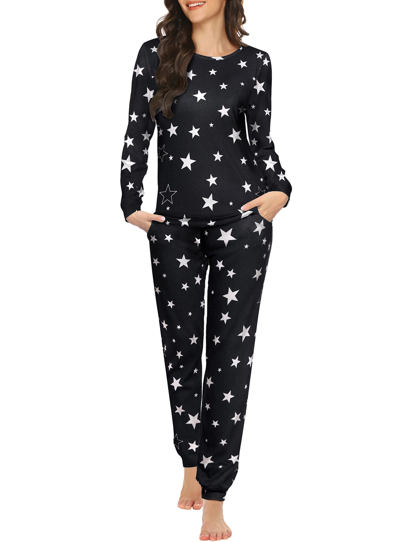 Ekouaer Pajama Set Long Sleeve Jogger 2 Piece Lounge Star Print PJ Sleepwear Loungewear for Women Black Star X-Small Image