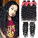 Alibeauty Brazilian Water Wave Bundles with Closure 9A Unprocessed Virgin Human Hair Weave 3 Bundles with Closure Natural Black Remy Hair Extensions (20 22 24+18inch)
