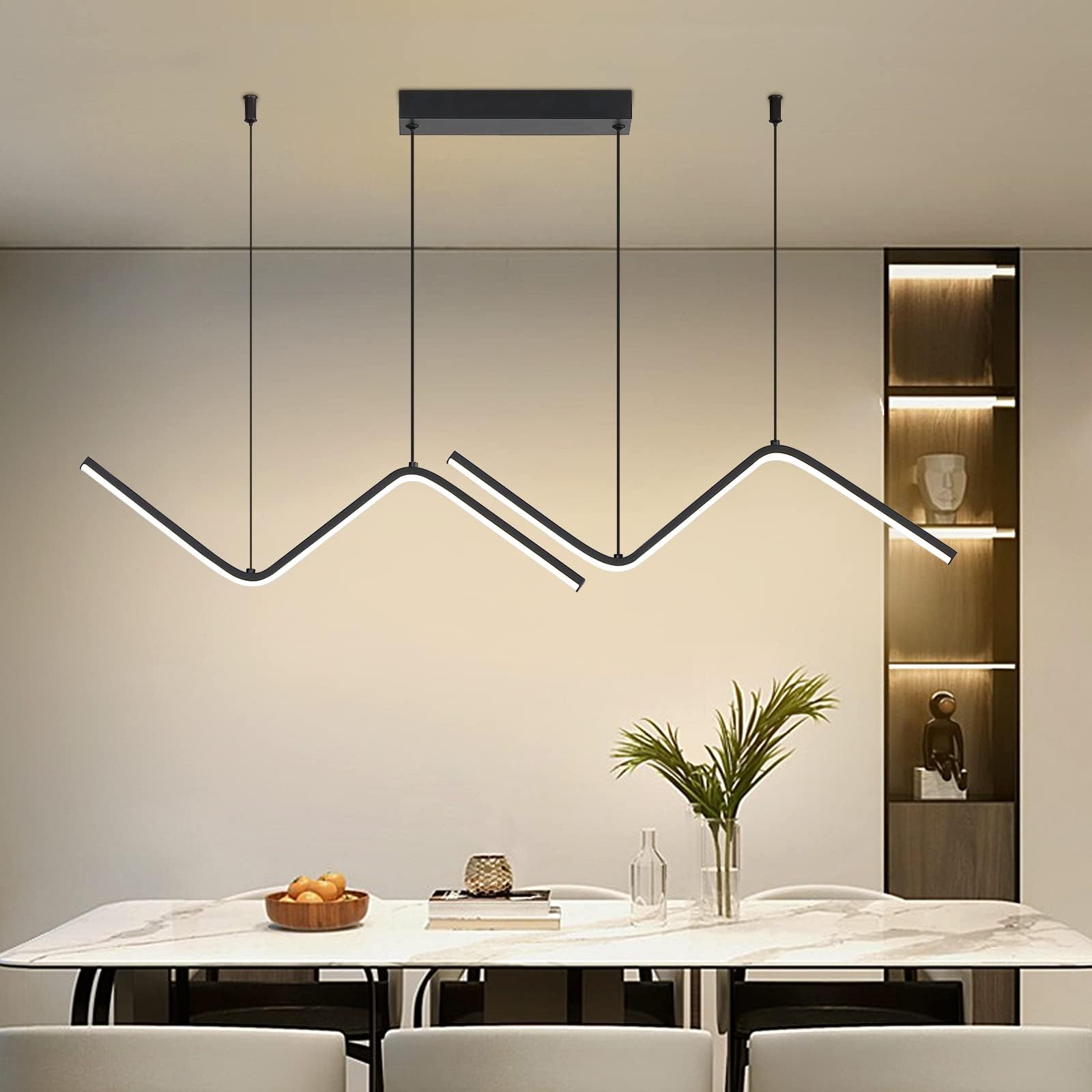Photo 1 of Matven LED Modern Linear Pendant Lights, Dimmable LED Hanging Chandelier Fit Dining Room Kitchen Island, 3000K-6000K with Remote Contro Bright Light Fixture (Black, 47.2IN)