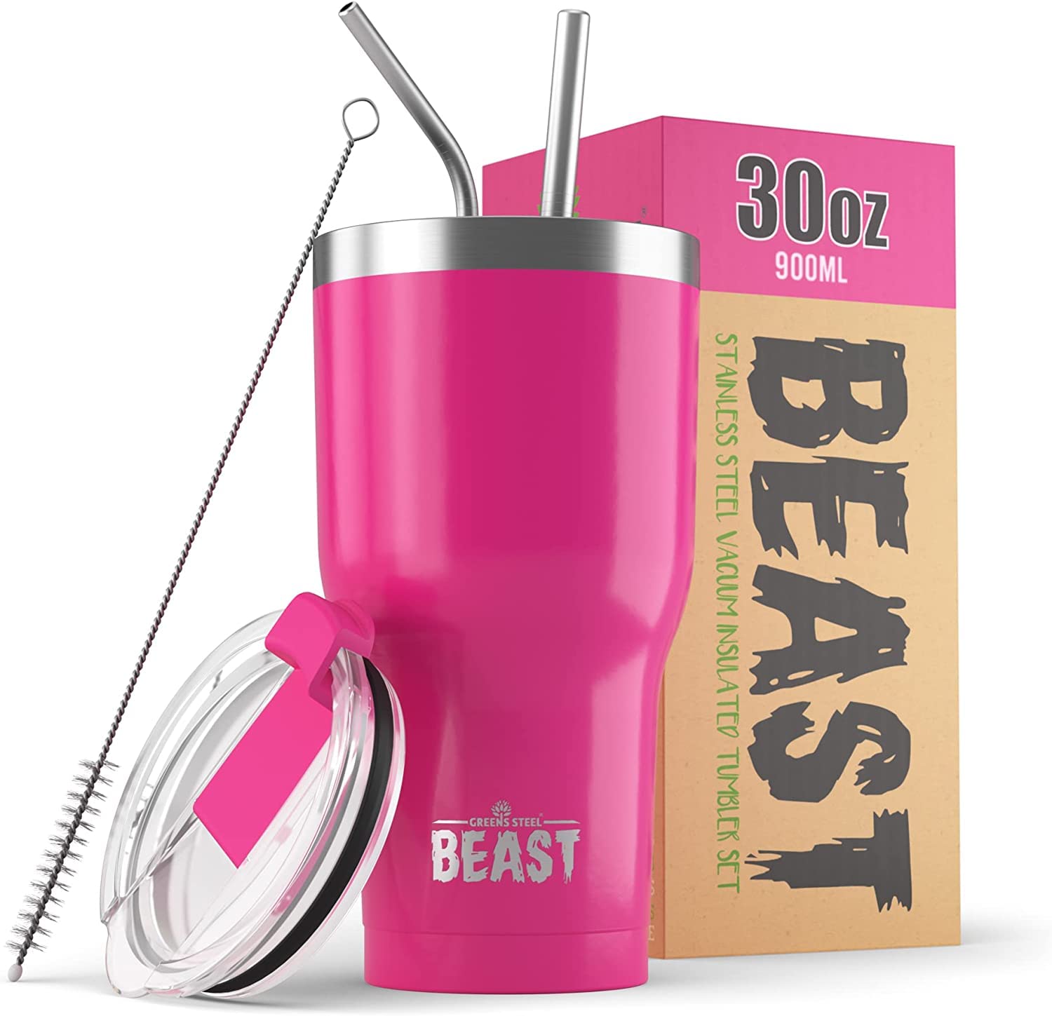 Beast Tumbler - 900 ml (30 oz), Cup Cake Pink | Reusable Stainless Steel, Vacuum Insulated Cup | with + 2 Straws & Cleaning Brush | Double Wall Travel Flask Perfect for Hot or Iced Coffee | BPA Free