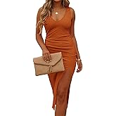 Womens Sleeveless V Neck Bodycon Dress Midi Party Dress Side Slit Ribbed Knit Pencil Dresses